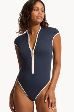 Rashies & Sunsuits^Seafolly Beach Bound Zip Front One Piece Navy