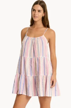 Dresses^Sea Level Boho Stripe Tie Back Short Sundress Blue