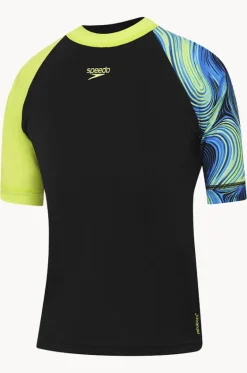 Rashies^Speedo Boys Logo Short Sleeve Suntop Black/green