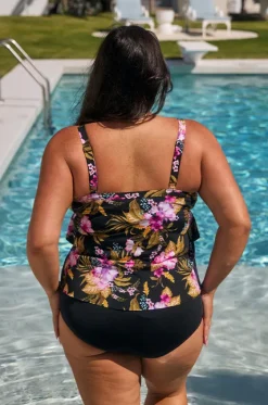 Tankini Tops^Capriosca Caribbean Tiered Frill Tankini Separate Black/pink