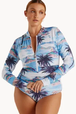 Rashies & Sunsuits^Sunsoaked Cartolina Ruched Long Sleeve Sunsuit Blue/Multi