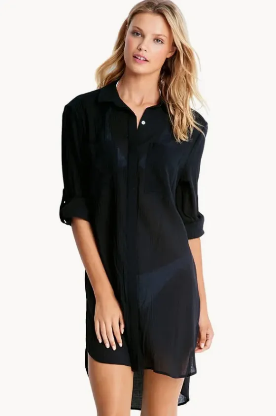 Overswim^Seafolly Crinkle Twill Beach Shirt Black