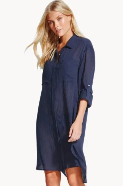 Overswim^Seafolly Crinkle Twill Beach Shirt Indigo