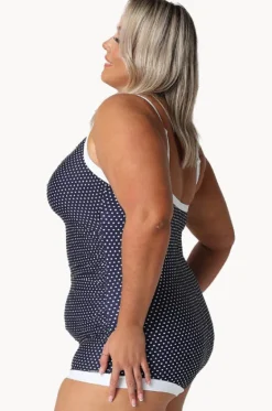 One Pieces^Capriosca Dots Tie Front Boyleg One Piece Navy/White