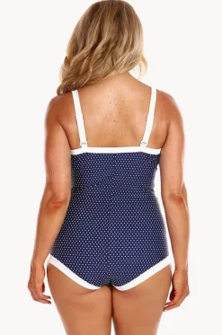 One Pieces^Capriosca Dots Tie Front Boyleg One Piece Navy/White