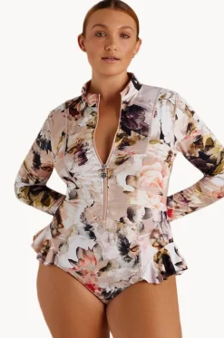 Rashies & Sunsuits^Sunsoaked Fiore Frill Long Sleeve Sunsuit Blue/Natural