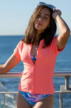 Rashies & Sunsuits^Salty Ink Girls Short Sleeve Zip Suntop Peach