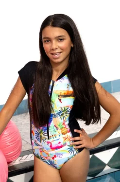 Rashies & Sunsuits|Rashies & Sunsuits^Salty Ink Girls Summer Vacay Short Sleeve Sunsuit Black/multi