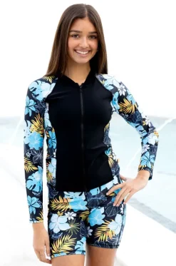 Rashies & Sunsuits^Salty Ink Girls Tropicana Long Sleeve Suntop Black