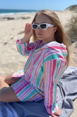 Towel Robes & Ponchos^Back Beach Co Kids Hawaiian Stripe Hooded Towel Robe 5-7Y Blue/natural