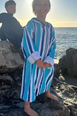 Towel Robes & Ponchos|Towel Robes & Ponchos^Back Beach Co Kids Stripe Hooded Towelling Robe 7-11Y Blue