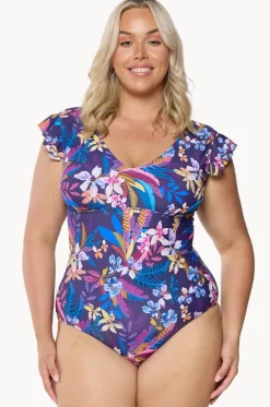 One Pieces^Capriosca Majorca Frill V Neck One Piece Purple/multi