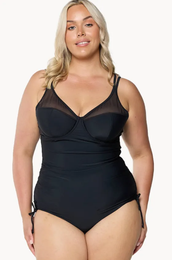 One Pieces^Capriosca Mesh DD/E Cup Ruched Tie Side One Piece BLACK
