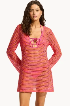 Overswim^Seafolly Mesh Effect Cover Up Hot pink