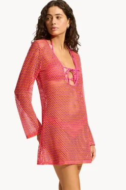 Overswim^Seafolly Mesh Effect Cover Up Hot pink