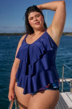 Tankini Tops^Capriosca Metallic Tiered Frill Tankini Separate Navy
