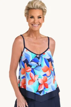 Tankini Tops^Maxine Mosaic Leaves Flutter Tankini Separate Navy/coral