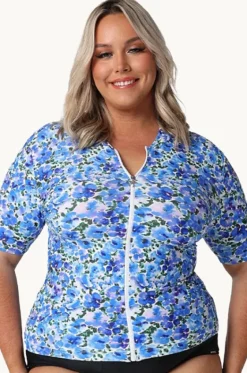 Rashies & Sunsuits^Capriosca Pansy Short Sleeve Zip Suntop White/purple