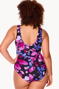 One Pieces^Genevieve Paper Flowers Zip Front One Piece Black/purple