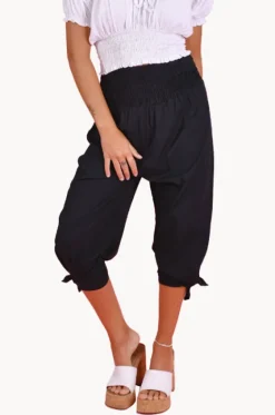 Pants^Go Girl Plain 3/4 Rouched Tie Pants Black