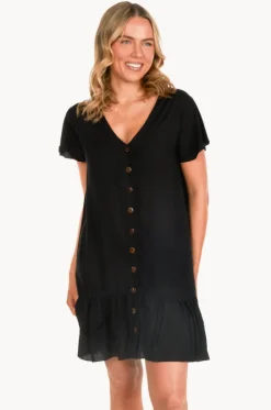 Dresses^Go Girl Plain Cap Sleeve Button Dress Black