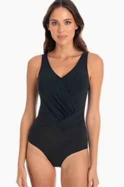 One Pieces^Togs Swimwear Plain Gathered Cross Over One Piece BLACK