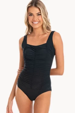 One Pieces^Togs Swimwear Plain Gathered Square Neck One Piece BLACK