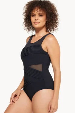 One Pieces^Togs Swimwear Plain Mesh Pleated High Neck One Piece BLACK