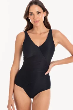 One Pieces^Togs Swimwear Plain Textured Gathered Cross Over One Piece Black