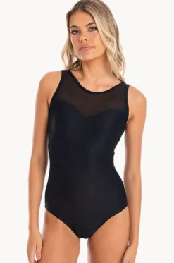 One Pieces^Togs Swimwear Plain Textured Mesh High Neck One Piece Black