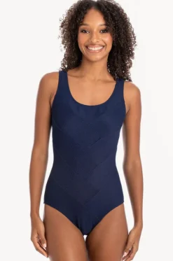 One Pieces^Togs Swimwear Plain Textured Round Neck One Piece Navy