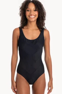 One Pieces^Togs Swimwear Plain Textured Round Neck One Piece Black
