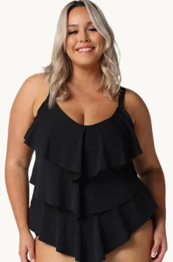 Tankini Tops^Capriosca Plain Tiered Frill Tankini Separate Black