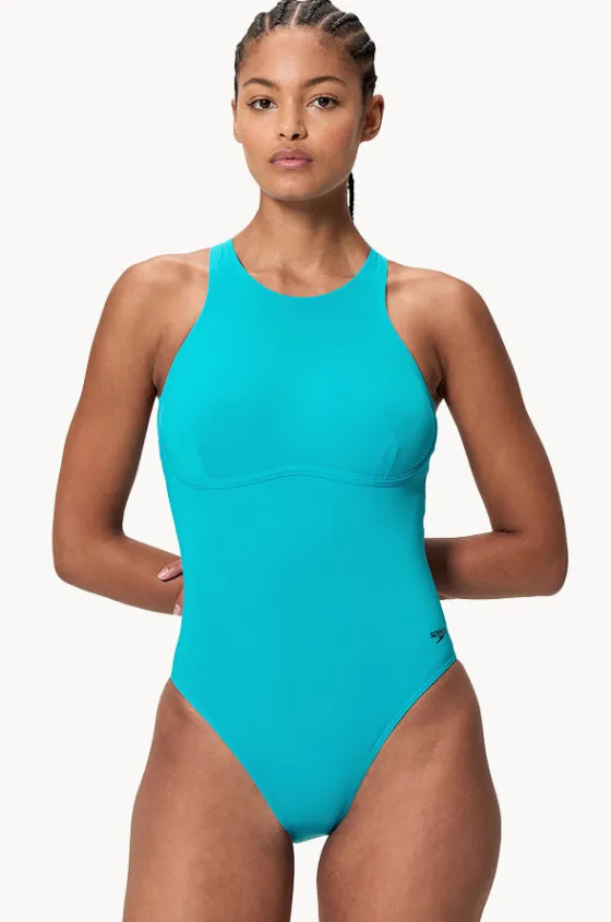 One Pieces^Speedo Solid Racerback Zip One Piece Blue
