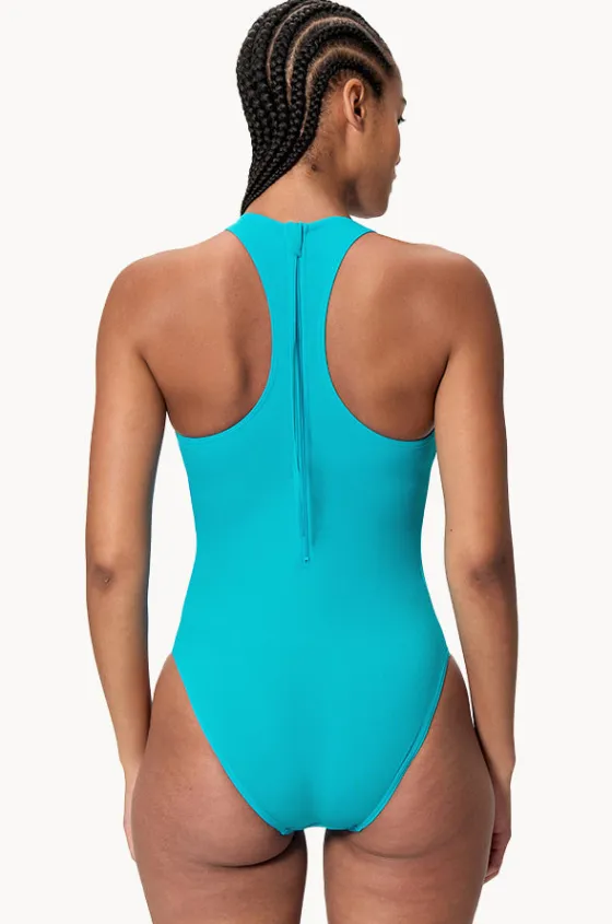 One Pieces^Speedo Solid Racerback Zip One Piece Blue