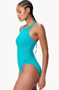 One Pieces^Speedo Solid Racerback Zip One Piece Blue