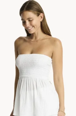 Tops^Sea Level Sunset Shirred Bandeau Top White