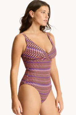 One Pieces^Sea Level Tessera Cross Front One Piece Blue