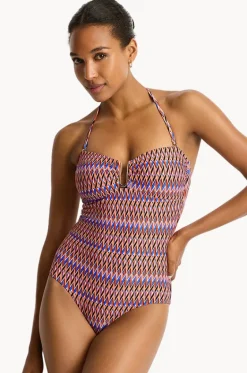 One Pieces^Sea Level Tessera U Bar Bandeau One Piece Blue