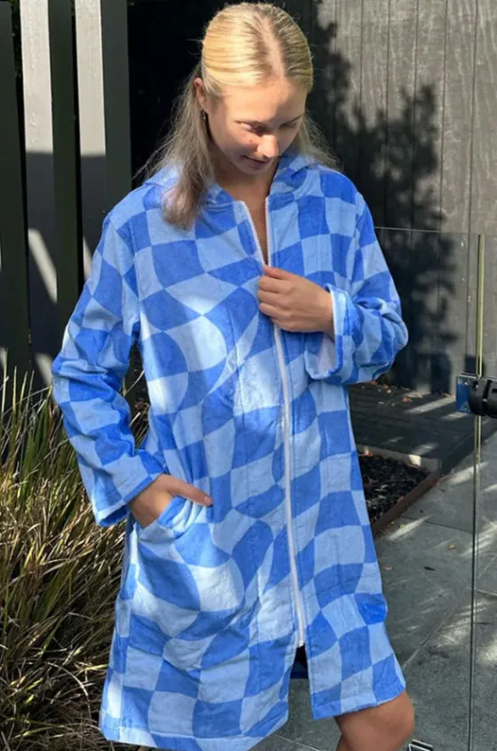 Towel Robes & Ponchos|Towel Robes & Ponchos^Back Beach Co Tidal Checker Hooded Towelling Robe L/XL Blue