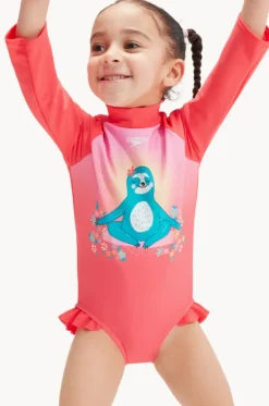 Rashies & Sunsuits^Speedo Toddler Girls Sloth Long Sleeve Sunsuit Coral Pink