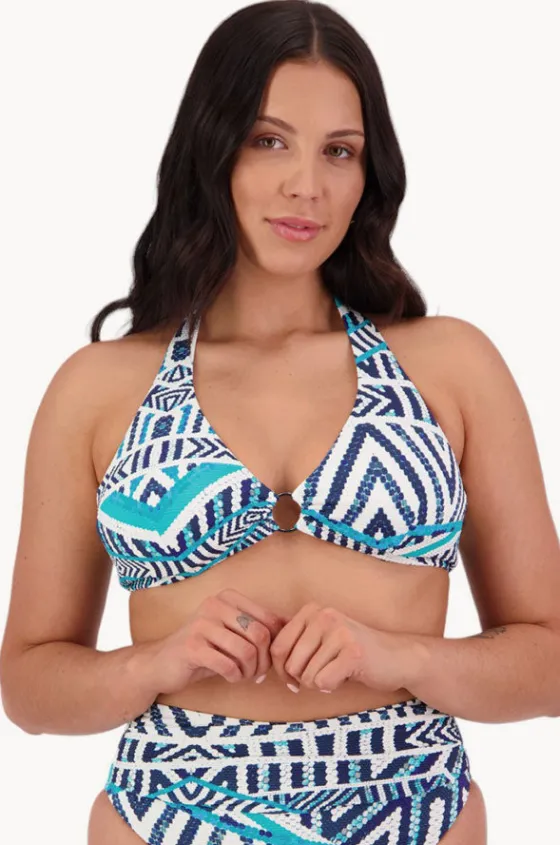 Bikini Tops^Moontide Tribal Geo DD/E Cup Ring Halter White/Blue