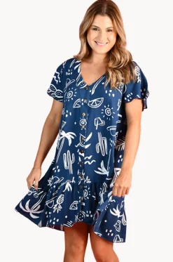 Dresses^Go Girl Tropical Fiesta Cap Sleeve Button Dress Navy